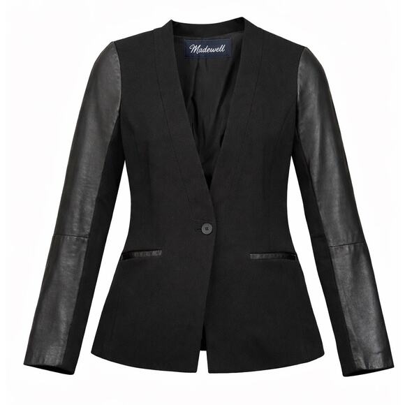 Madewell Black Mixed Media Blazer w/ Leather Sleeves - Size Small